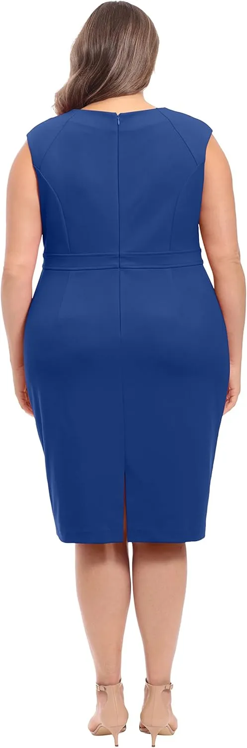 London Times Women's Plus Size Extended Shoulder Buckle Waist Sheath Midi