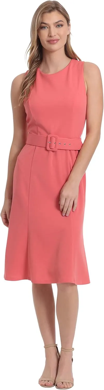 London Times Women's Sleeveless Fluted Sheath with Belt