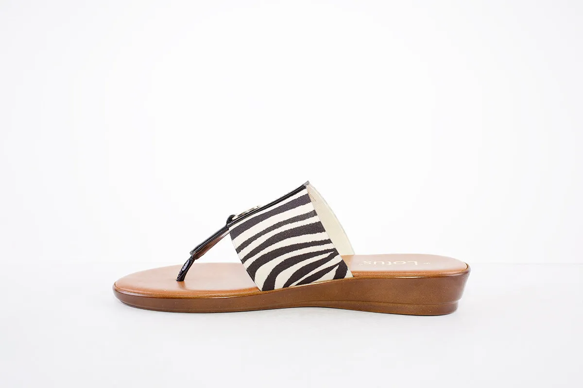 LOTUS- ARNA LOW WEDGE TOE-POST MULE - BLACK ZEBRA