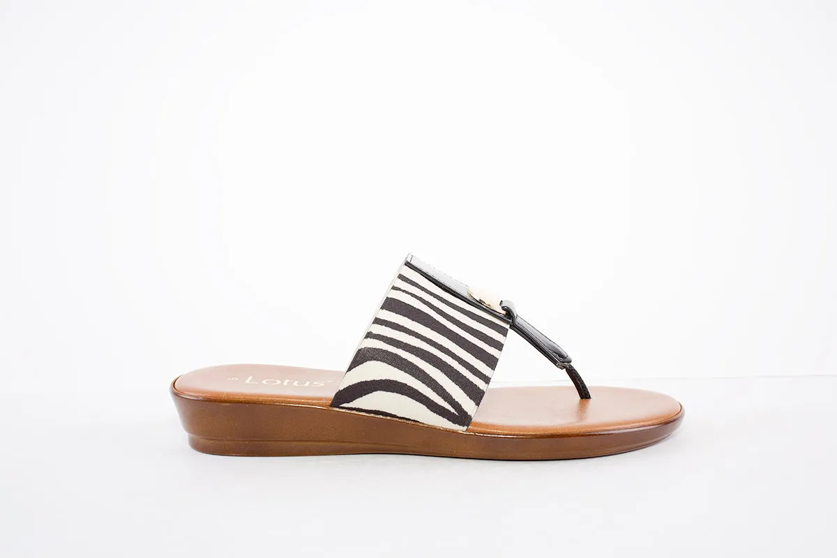 LOTUS- ARNA LOW WEDGE TOE-POST MULE - BLACK ZEBRA