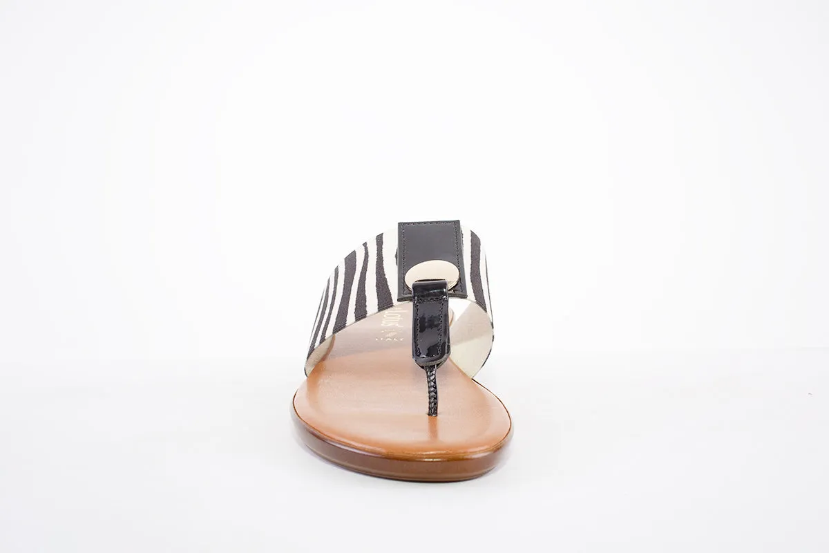 LOTUS- ARNA LOW WEDGE TOE-POST MULE - BLACK ZEBRA