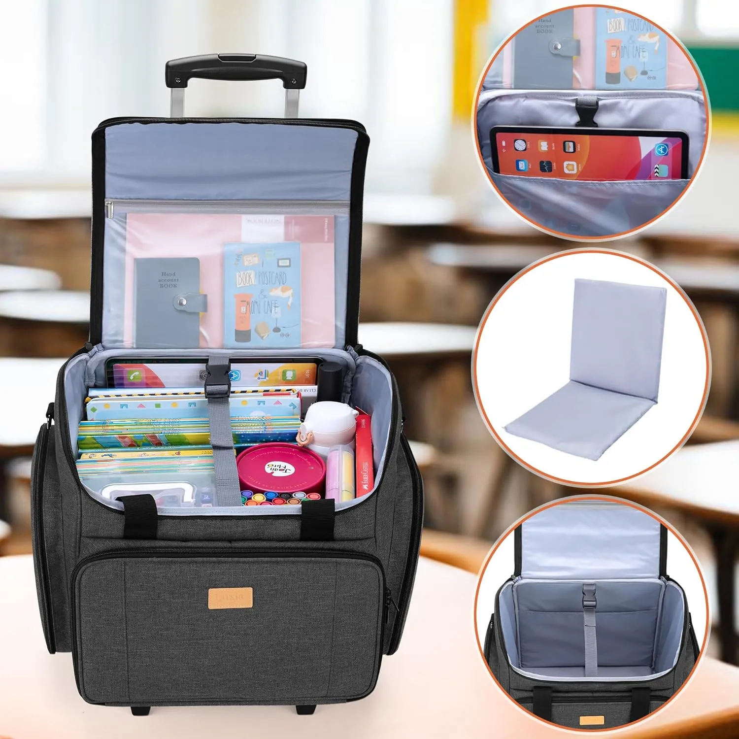 LUXJA Rolling Teacher Bag with Multiple Pockets and Bottom Support Pad, Multifunctional Teacher Tote Bag with Detachable Dolly (Patent Design), Black
