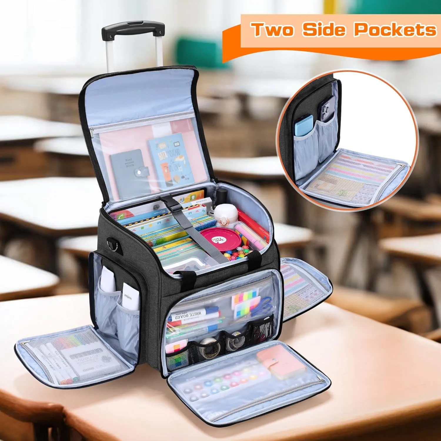 LUXJA Rolling Teacher Bag with Multiple Pockets and Bottom Support Pad, Multifunctional Teacher Tote Bag with Detachable Dolly (Patent Design), Black
