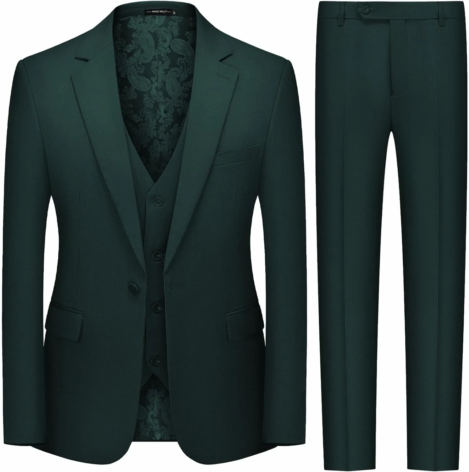 MAGE MALE Men's 3 Pieces Suit Slim Fit One Button Business Wedding Party Solid Blazer Vest Pants Set with Tie