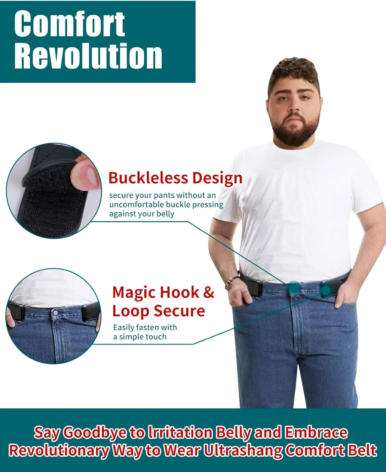 Magic Buckleless Men's Stretch Belts: Comfort Revolution- Hook-Loop Adjustable No Buckle Elastic Belt for Jeans Khaki, 32-48"