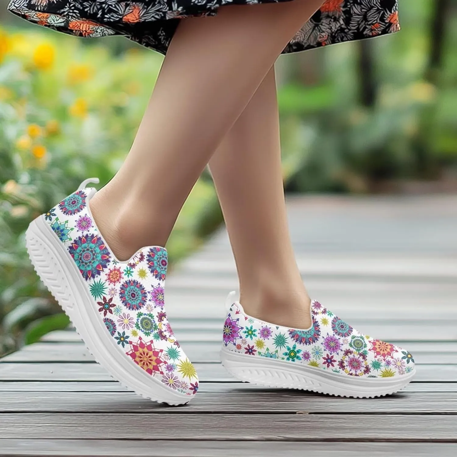 Mandala Floral Slip-On Yoga Sneakers Womens Elastic Mesh Anti-Slip Loafers Shoes with Rocker Platform