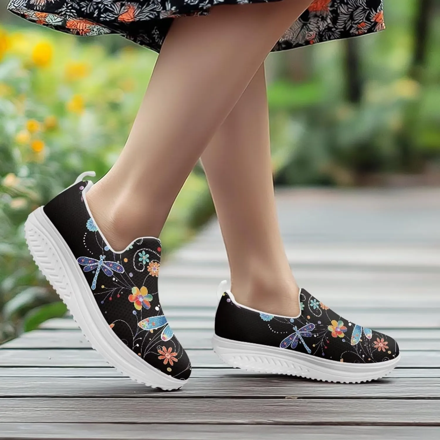Mandala Floral Slip-On Yoga Sneakers Womens Elastic Mesh Anti-Slip Loafers Shoes with Rocker Platform