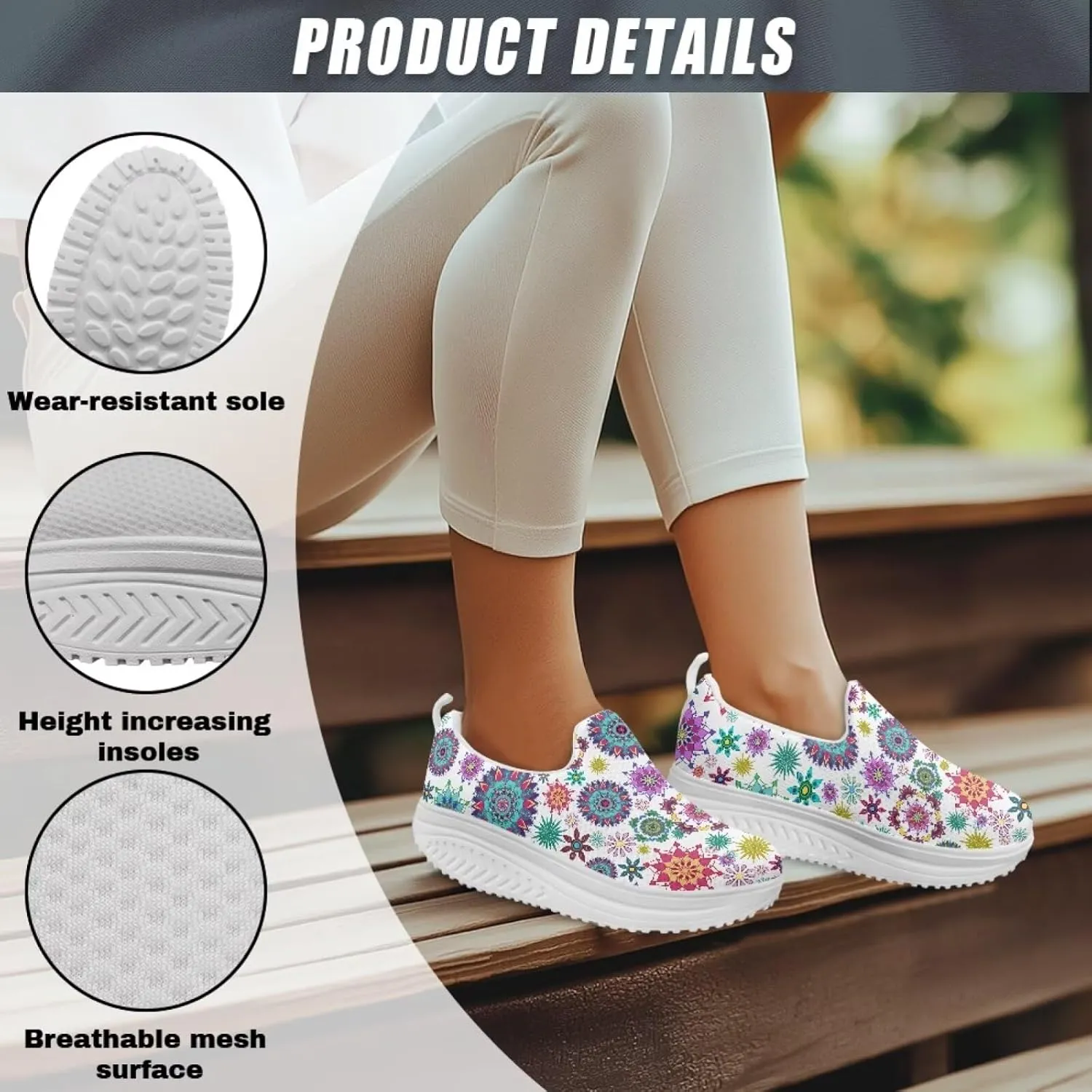 Mandala Floral Slip-On Yoga Sneakers Womens Elastic Mesh Anti-Slip Loafers Shoes with Rocker Platform