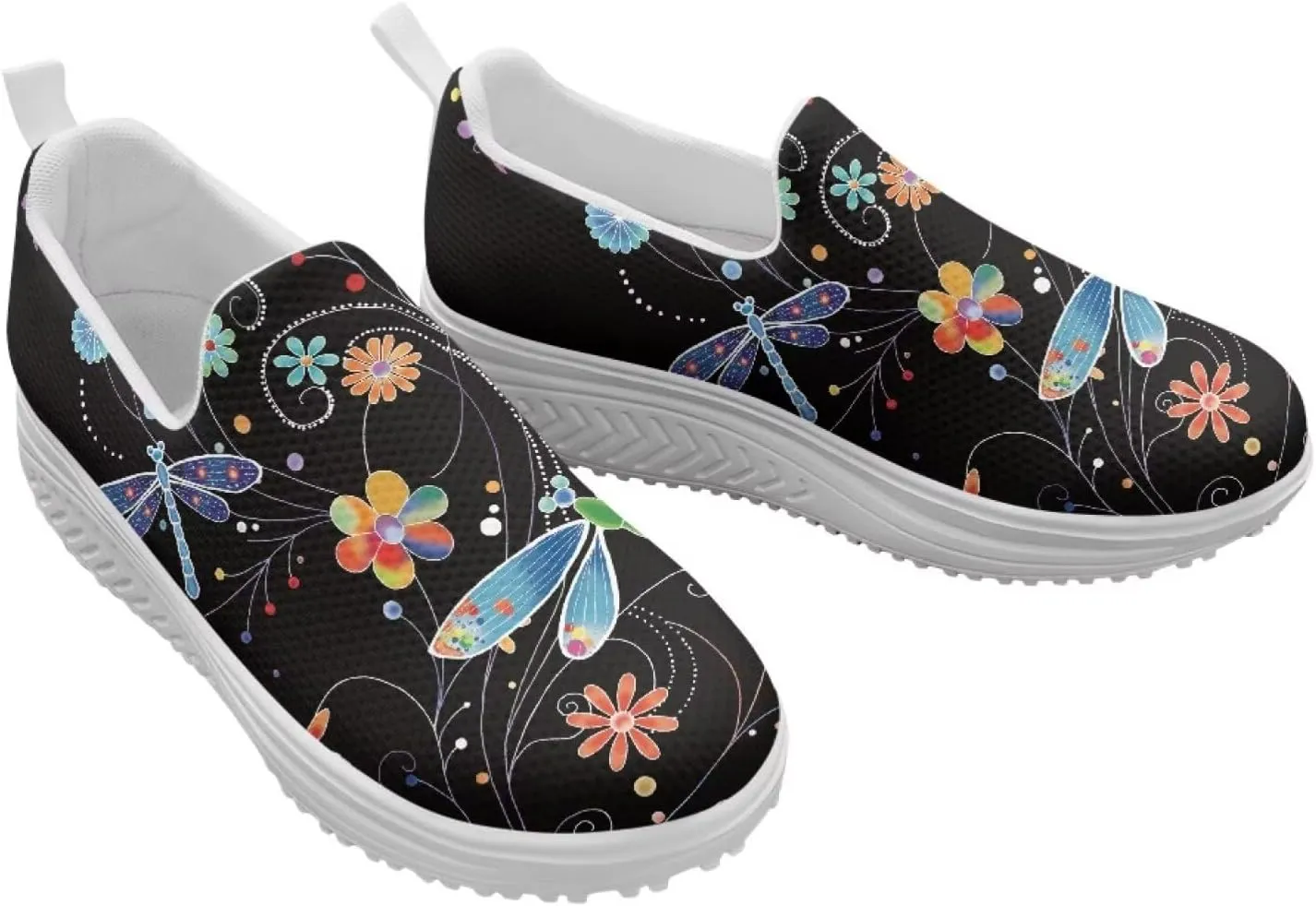 Mandala Floral Slip-On Yoga Sneakers Womens Elastic Mesh Anti-Slip Loafers Shoes with Rocker Platform