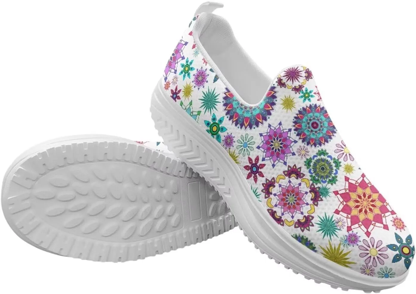 Mandala Floral Slip-On Yoga Sneakers Womens Elastic Mesh Anti-Slip Loafers Shoes with Rocker Platform
