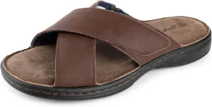 Mens Adjustable Slides Cross Napa Leather Open Toe Sandals Soft Memory Foam Slip On Sandlas Classic Dress Slides Summer Beach Comfy Slippers Rubber Non Slip Sole