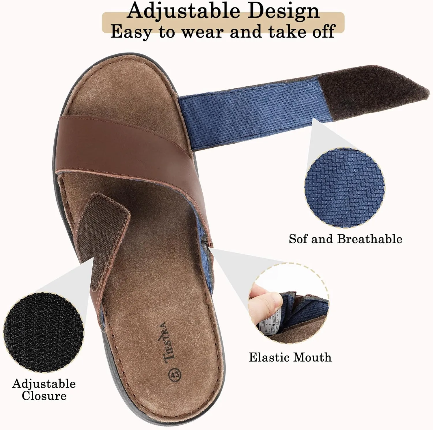 Mens Adjustable Slides Cross Napa Leather Open Toe Sandals Soft Memory Foam Slip On Sandlas Classic Dress Slides Summer Beach Comfy Slippers Rubber Non Slip Sole