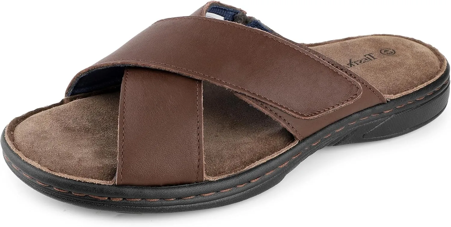 Mens Adjustable Slides Cross Napa Leather Open Toe Sandals Soft Memory Foam Slip On Sandlas Classic Dress Slides Summer Beach Comfy Slippers Rubber Non Slip Sole