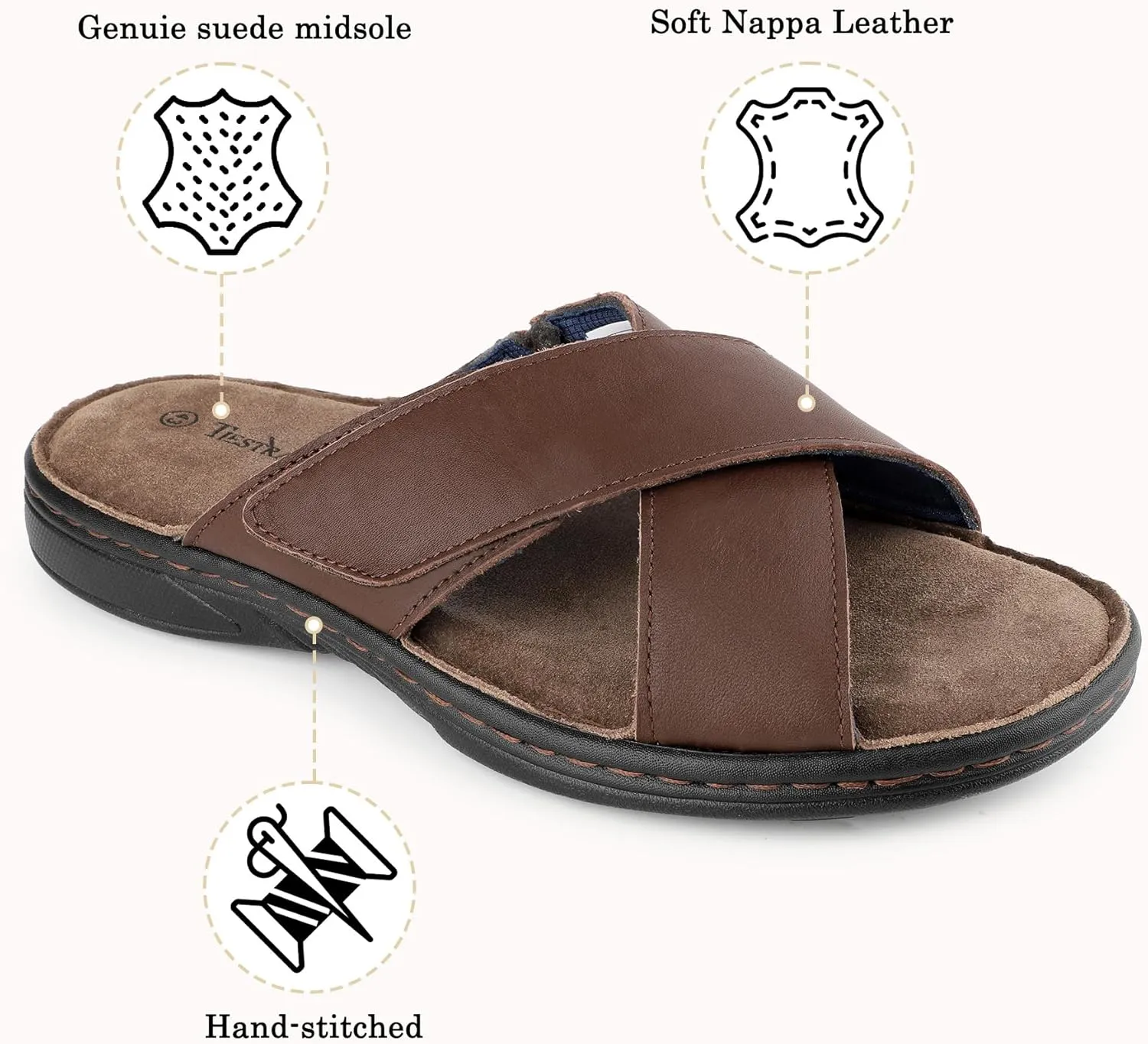 Mens Adjustable Slides Cross Napa Leather Open Toe Sandals Soft Memory Foam Slip On Sandlas Classic Dress Slides Summer Beach Comfy Slippers Rubber Non Slip Sole