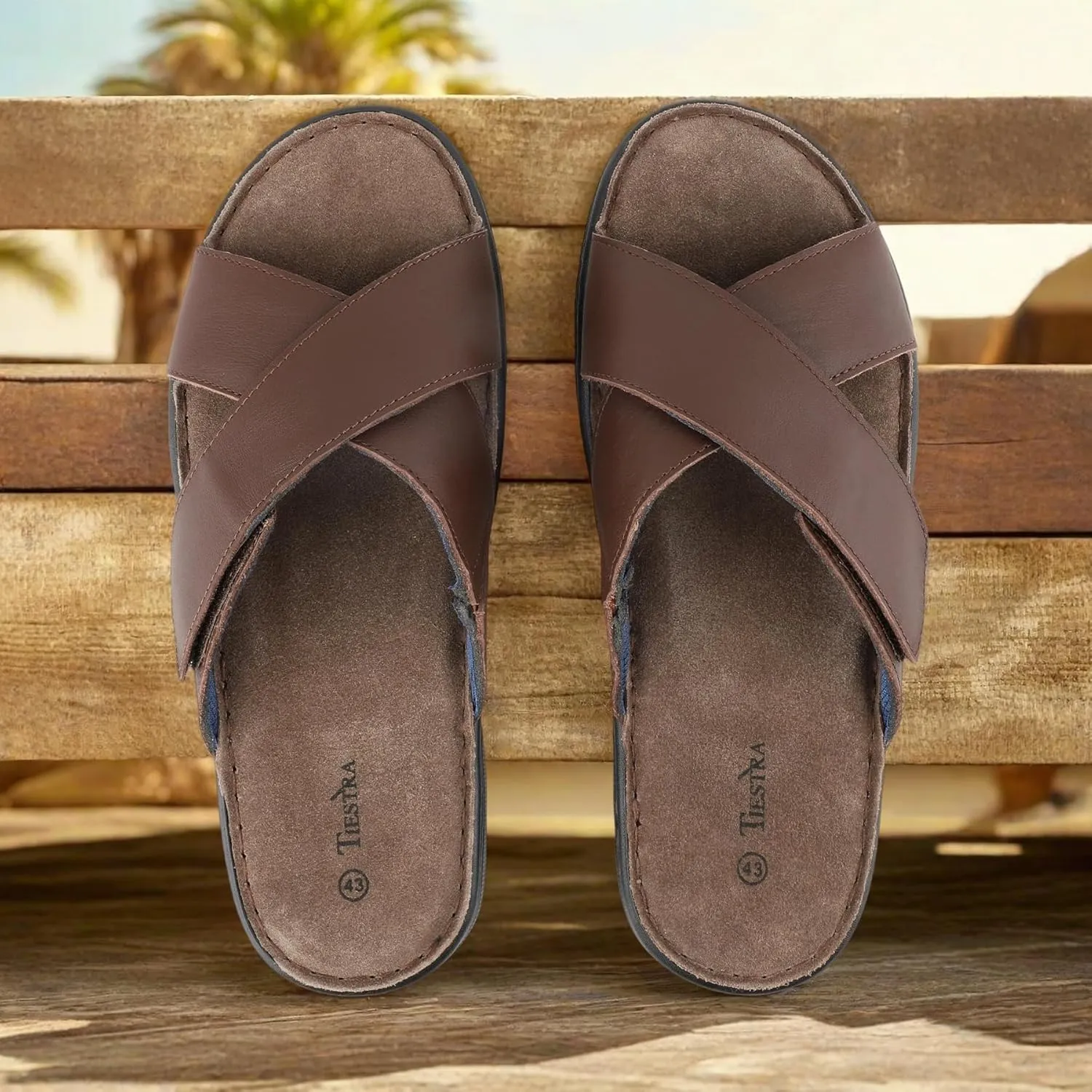 Mens Adjustable Slides Cross Napa Leather Open Toe Sandals Soft Memory Foam Slip On Sandlas Classic Dress Slides Summer Beach Comfy Slippers Rubber Non Slip Sole
