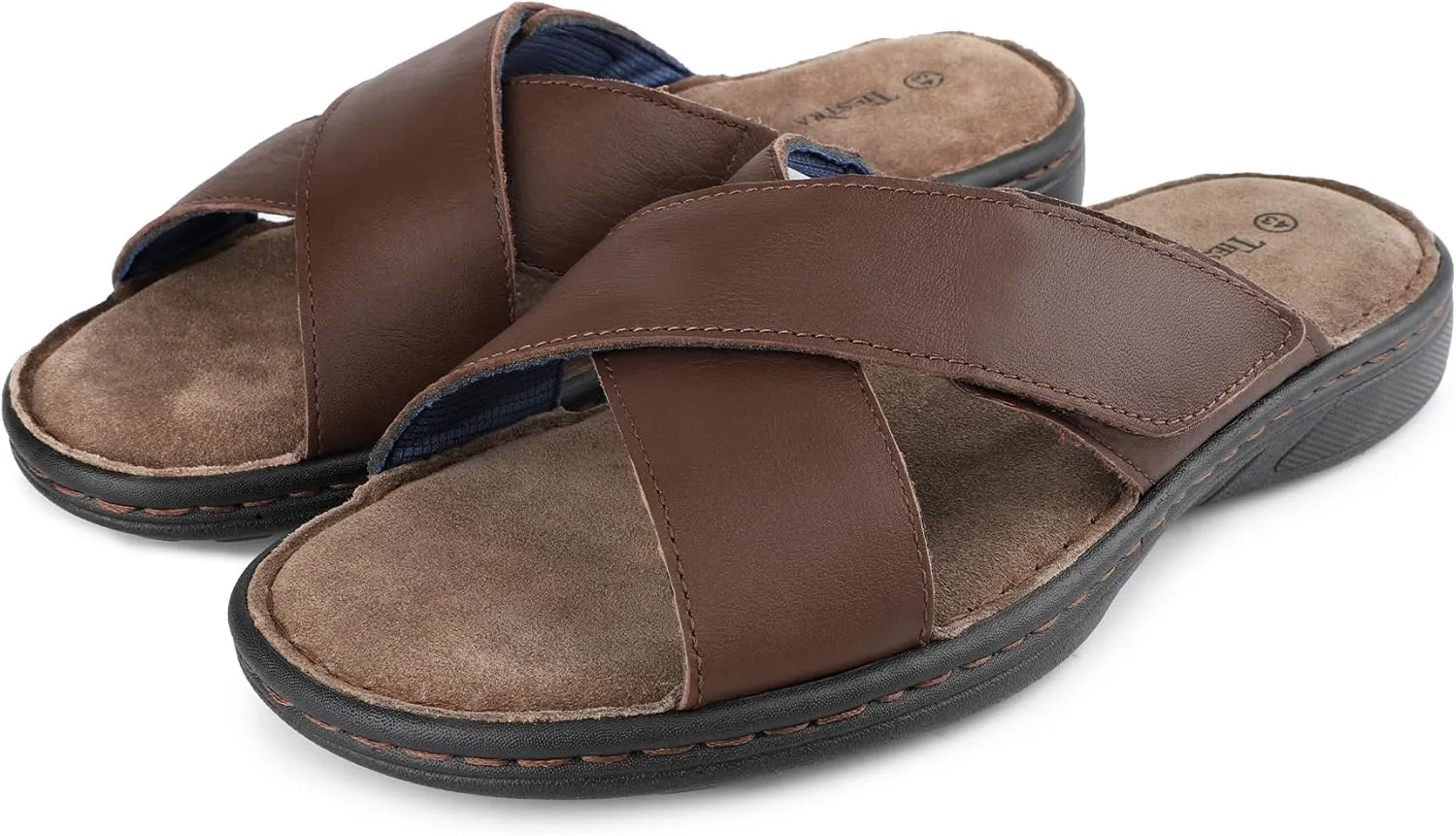 Mens Adjustable Slides Cross Napa Leather Open Toe Sandals Soft Memory Foam Slip On Sandlas Classic Dress Slides Summer Beach Comfy Slippers Rubber Non Slip Sole