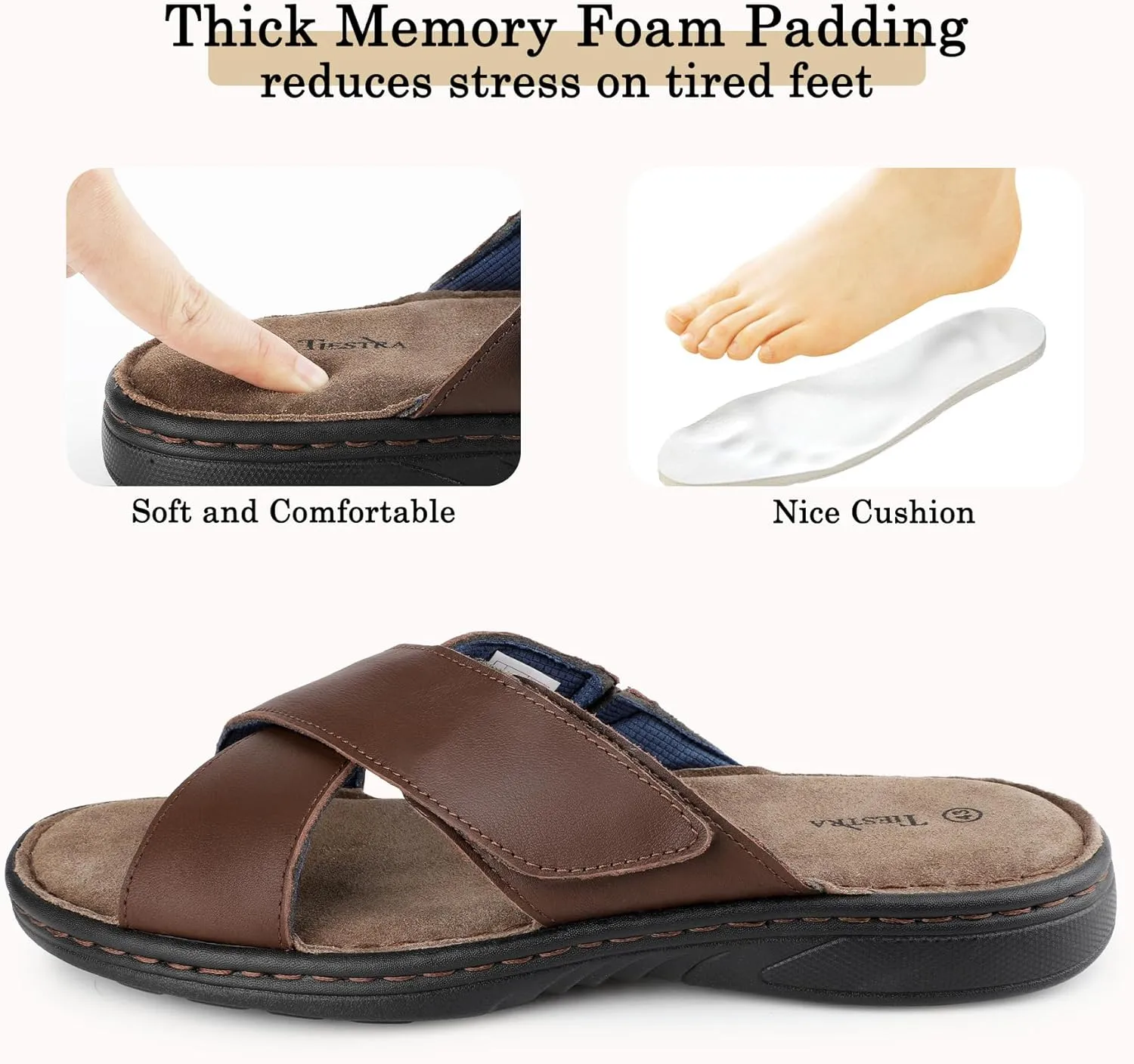 Mens Adjustable Slides Cross Napa Leather Open Toe Sandals Soft Memory Foam Slip On Sandlas Classic Dress Slides Summer Beach Comfy Slippers Rubber Non Slip Sole
