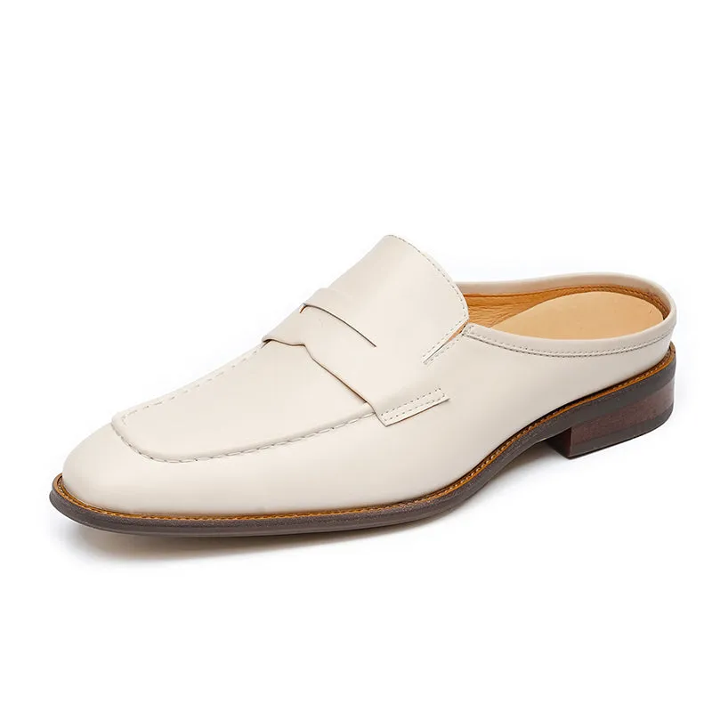 Men’s Cream Leather Backless Loafers