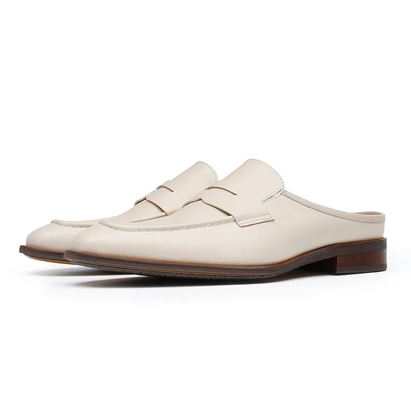 Men’s Cream Leather Backless Loafers