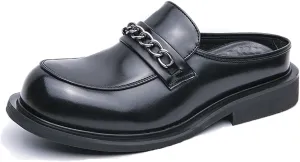 Mens Round Toe Leather Slip-On Dress Mule Sandals Classic Summer Backless Slippers Retro Formal Business Party Half Loafers (Black,9.5)