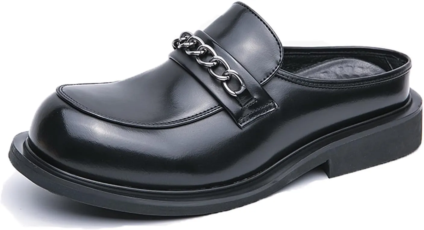 Mens Round Toe Leather Slip-On Dress Mule Sandals Classic Summer Backless Slippers Retro Formal Business Party Half Loafers (Black,9.5)