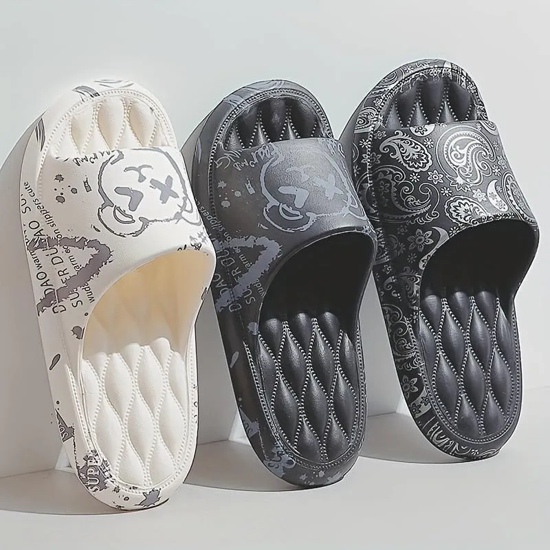 Men's Women Kids Trendy Flower Print Slip On Platform Slides, Unisex Casual Open Toe Anti-Skid Slippers for Indoor Outdoor Bathroom