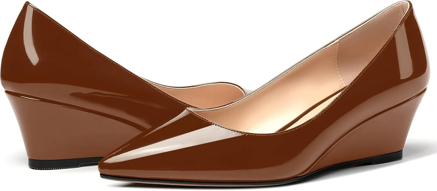 MERRORI Women's Slip On Patent Solid Square Toe Wedge Low Heel Pumps Shoes 2 Inch