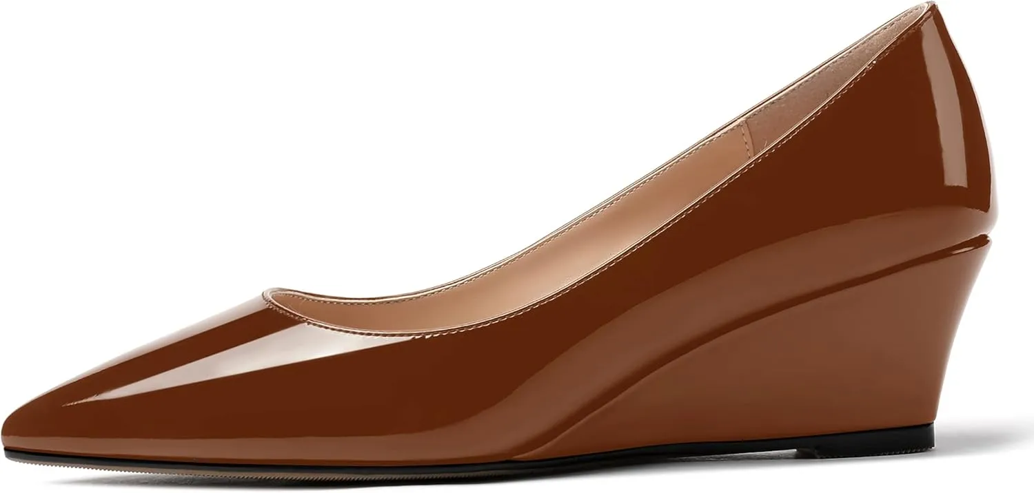 MERRORI Women's Slip On Patent Solid Square Toe Wedge Low Heel Pumps Shoes 2 Inch