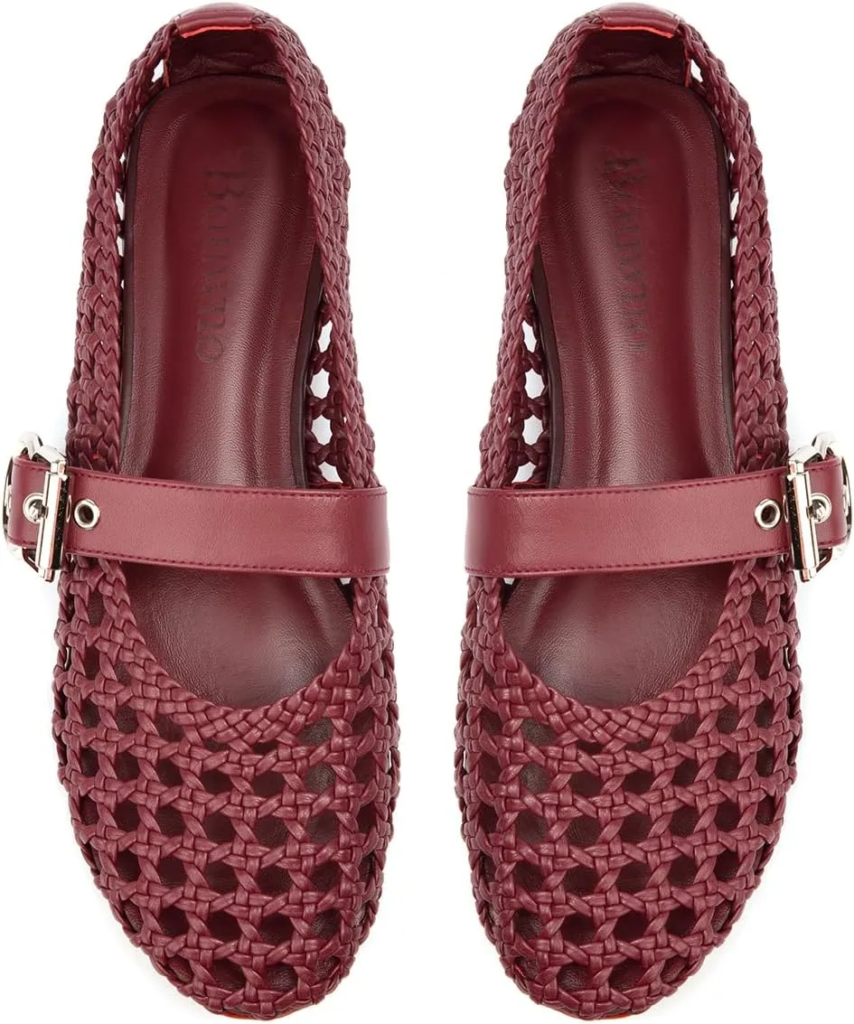 Mesh Ballet Flats for Women Hand Woven Slip on Mary Jane Flats Leather Round Toe Comfy Buckle Strap Dressy Beach Ballerina Sandals