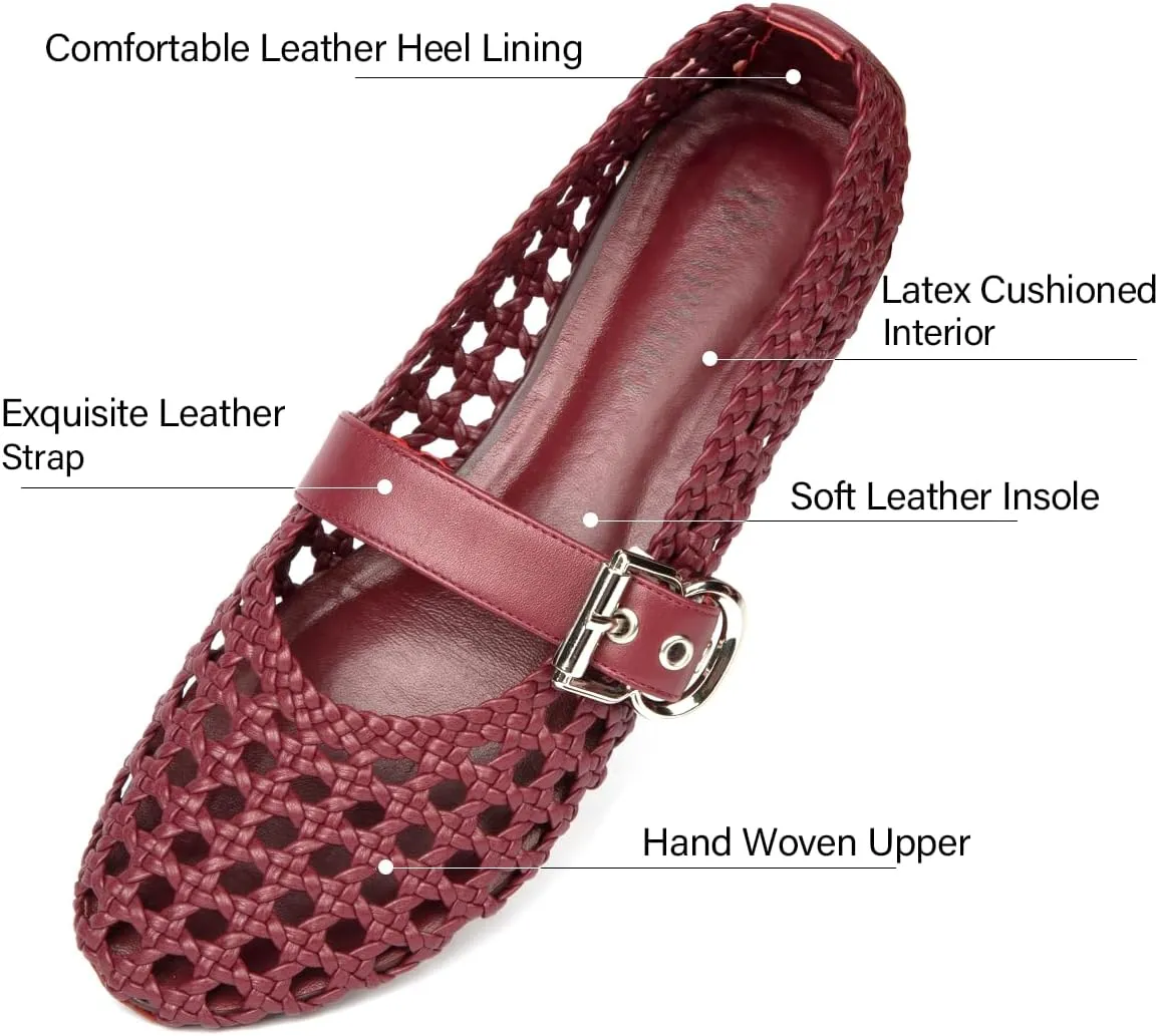 Mesh Ballet Flats for Women Hand Woven Slip on Mary Jane Flats Leather Round Toe Comfy Buckle Strap Dressy Beach Ballerina Sandals