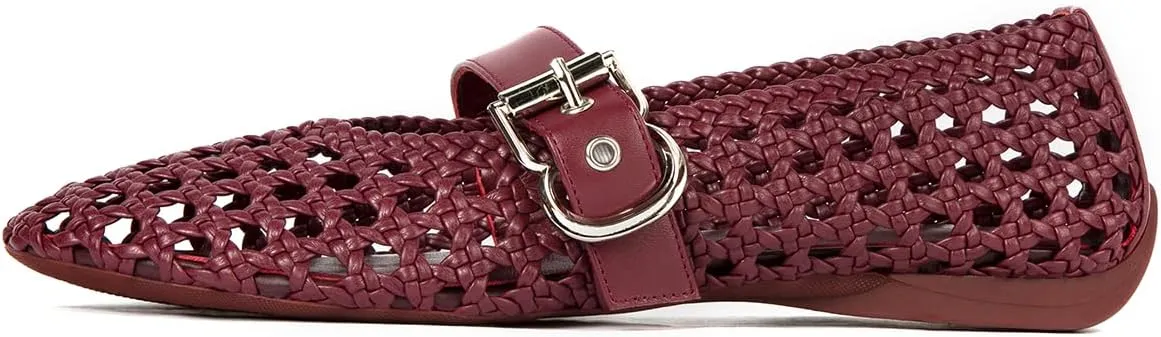 Mesh Ballet Flats for Women Hand Woven Slip on Mary Jane Flats Leather Round Toe Comfy Buckle Strap Dressy Beach Ballerina Sandals