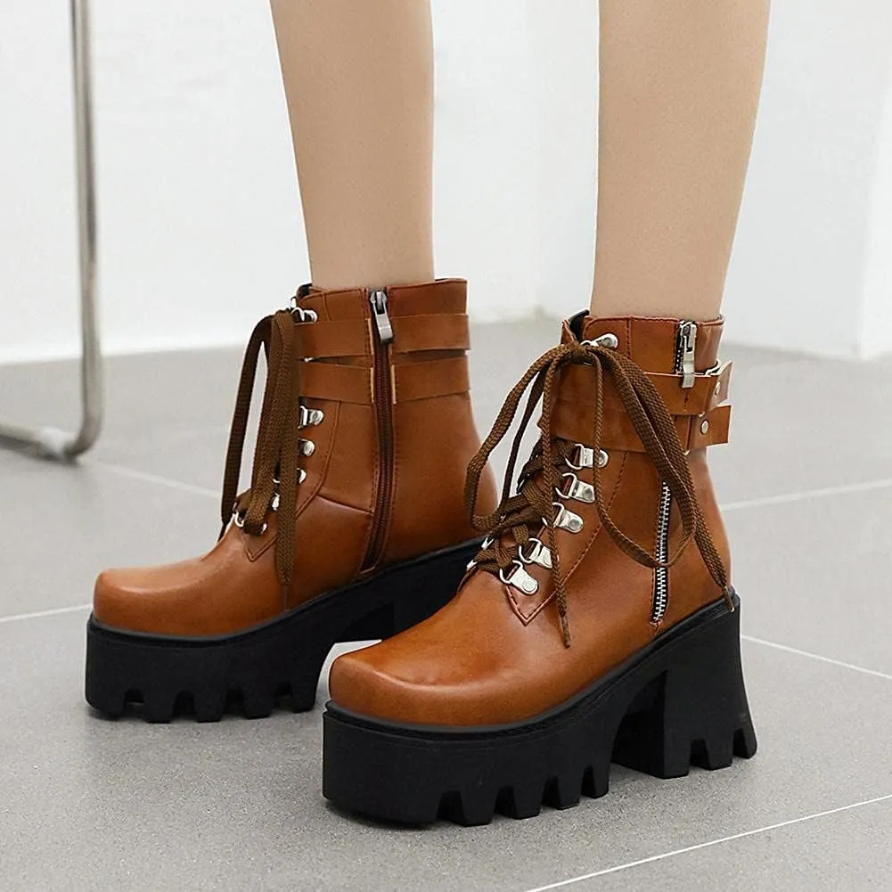 mikarka Fashion Gothic Platform Combat Ankle Boots for Women, Zipper Chunky High Heel Studded Buckle Chain Motorcycle Riding Short Booties