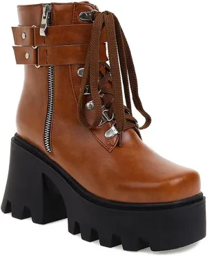 mikarka Fashion Gothic Platform Combat Ankle Boots for Women, Zipper Chunky High Heel Studded Buckle Chain Motorcycle Riding Short Booties