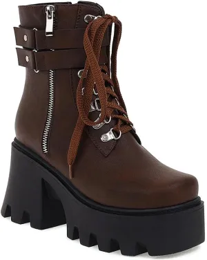 mikarka Fashion Gothic Platform Combat Ankle Boots for Women, Zipper Chunky High Heel Studded Buckle Chain Motorcycle Riding Short Booties