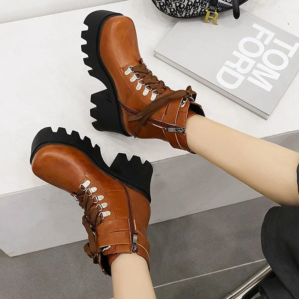 mikarka Fashion Gothic Platform Combat Ankle Boots for Women, Zipper Chunky High Heel Studded Buckle Chain Motorcycle Riding Short Booties