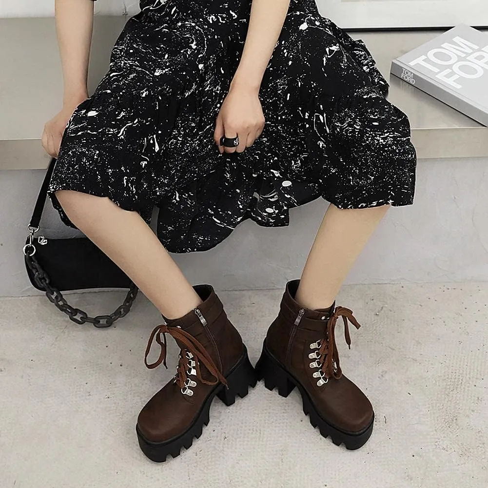 mikarka Fashion Gothic Platform Combat Ankle Boots for Women, Zipper Chunky High Heel Studded Buckle Chain Motorcycle Riding Short Booties
