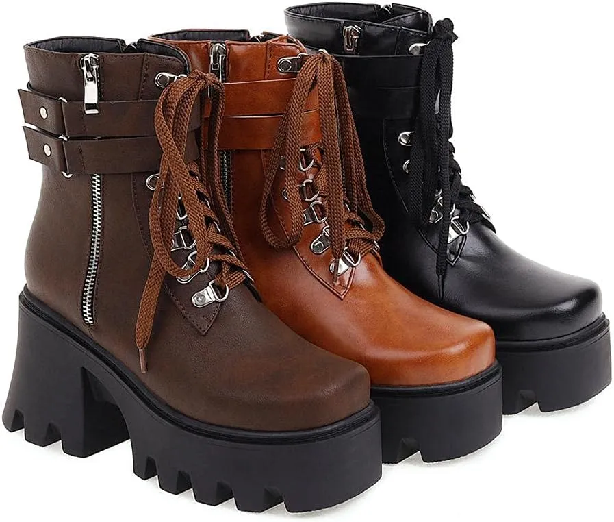mikarka Fashion Gothic Platform Combat Ankle Boots for Women, Zipper Chunky High Heel Studded Buckle Chain Motorcycle Riding Short Booties