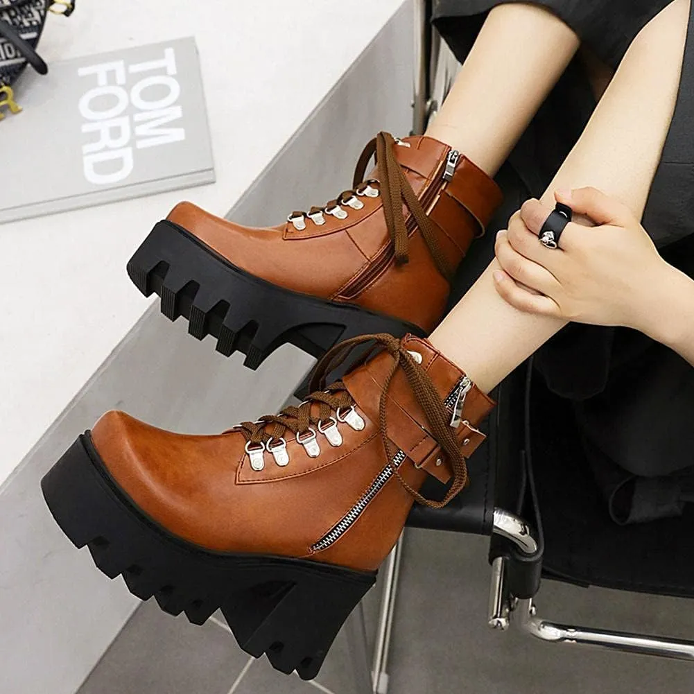 mikarka Fashion Gothic Platform Combat Ankle Boots for Women, Zipper Chunky High Heel Studded Buckle Chain Motorcycle Riding Short Booties