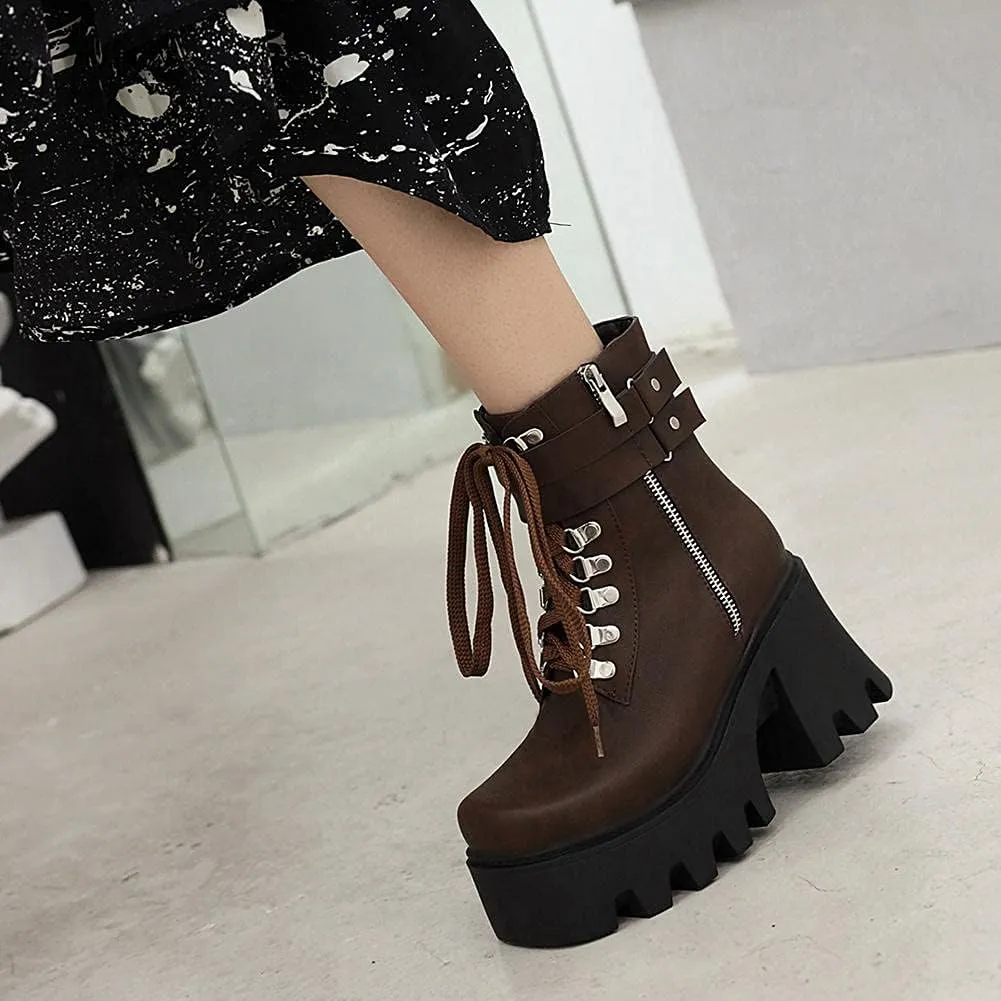 mikarka Fashion Gothic Platform Combat Ankle Boots for Women, Zipper Chunky High Heel Studded Buckle Chain Motorcycle Riding Short Booties