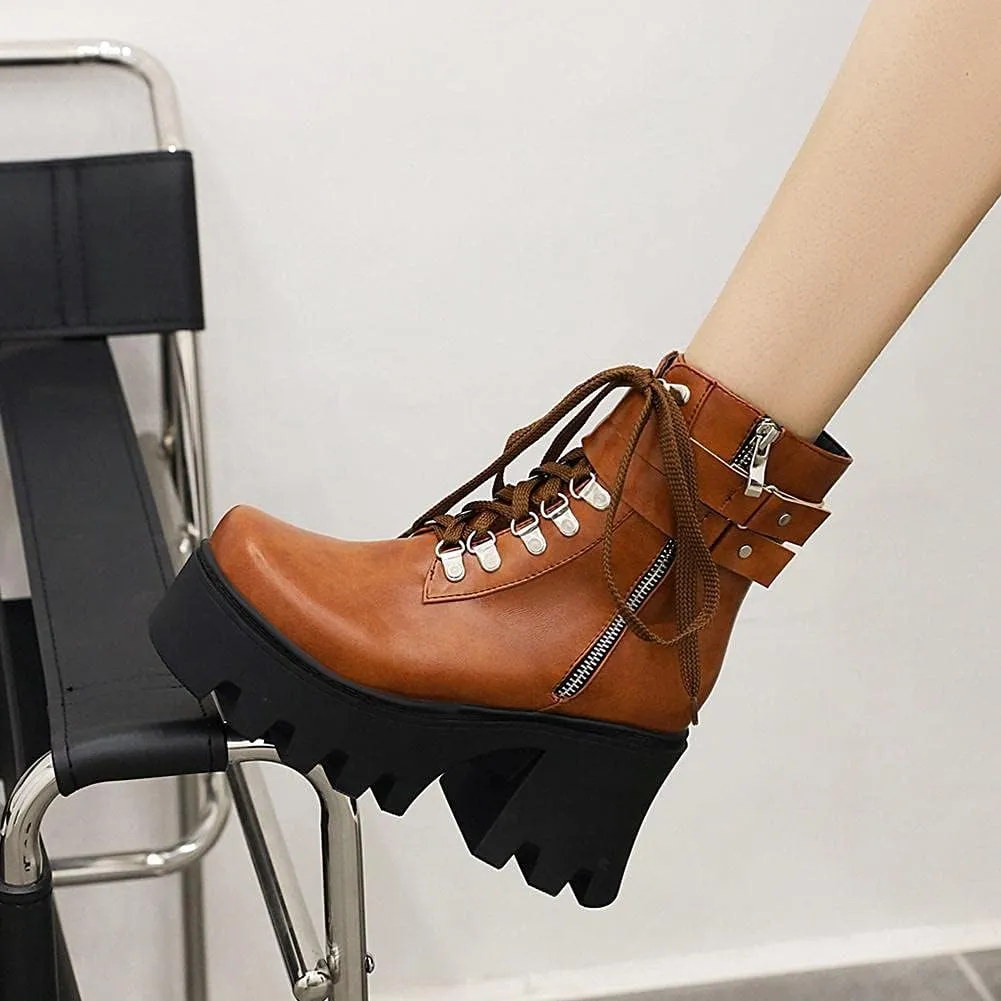 mikarka Fashion Gothic Platform Combat Ankle Boots for Women, Zipper Chunky High Heel Studded Buckle Chain Motorcycle Riding Short Booties