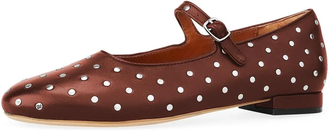 miss left Women Adjustable Single Strap Buckle Chic Studded Mary Jane Flats Comfortable Round Toe Party Casual Daily Work Shoes Size 4-16 US