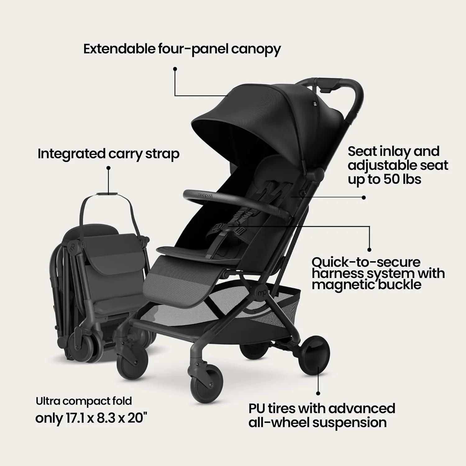 Mompush Velo Lightweight Travel Stroller – One-Hand Fold, Ultra-Compact & Airplane Friendly, Lie-Flat Recline Seat (from Birth to 50 lbs), Includes Cup Holder, Shoulder Strap, and Leather Bumper Bar