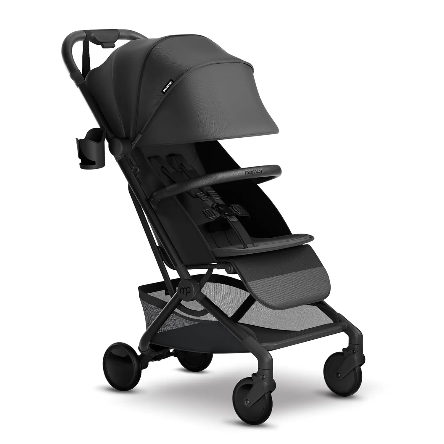 Mompush Velo Lightweight Travel Stroller – One-Hand Fold, Ultra-Compact & Airplane Friendly, Lie-Flat Recline Seat (from Birth to 50 lbs), Includes Cup Holder, Shoulder Strap, and Leather Bumper Bar