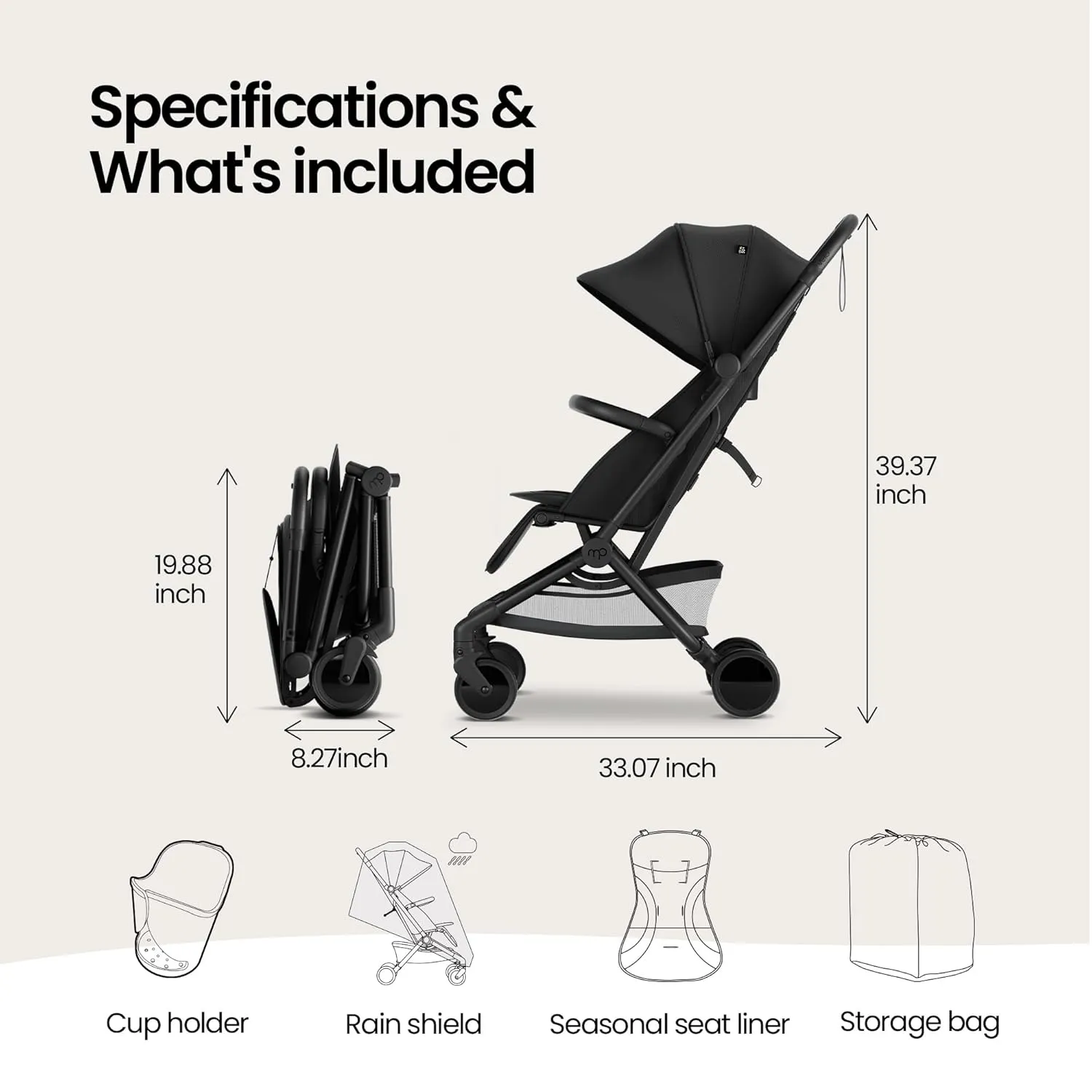 Mompush Velo Lightweight Travel Stroller – One-Hand Fold, Ultra-Compact & Airplane Friendly, Lie-Flat Recline Seat (from Birth to 50 lbs), Includes Cup Holder, Shoulder Strap, and Leather Bumper Bar