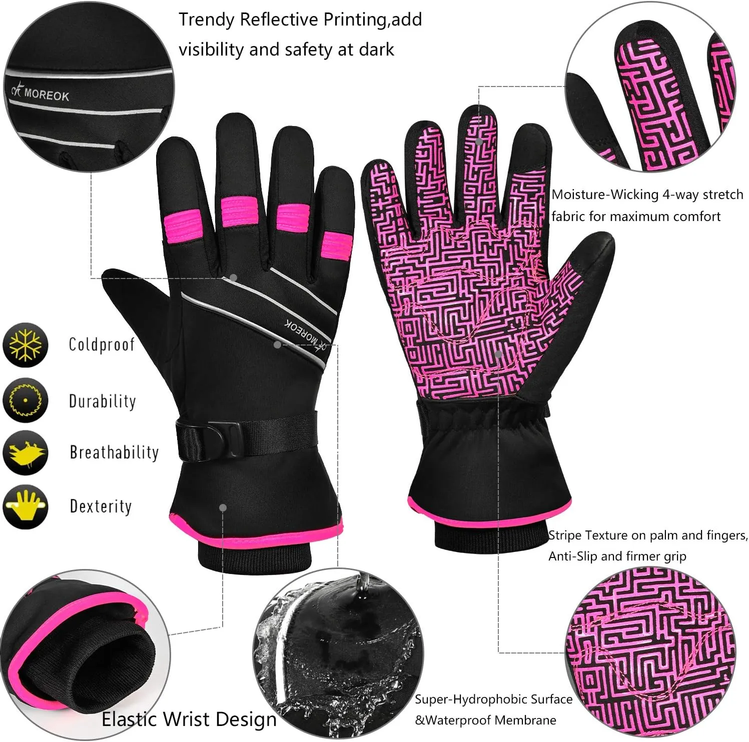 MOREOK Waterproof & Windproof -30°F Winter Gloves for Men/Women, 3M Thinsulate Thermal Gloves Touch Screen Warm Gloves for Skiing,Cycling,Motorcycle,Running