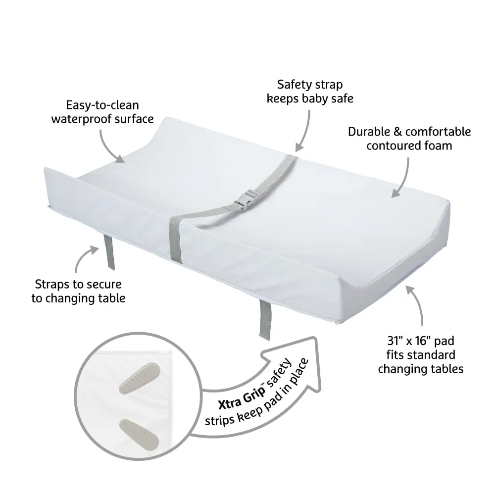 Munchkin Secure Grip Baby Diaper Changing Pad with Cover for Dresser, Waterproof and Wipeable, Contoured, Standard Size (16" x 31"), White