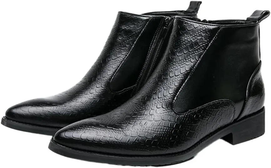 New Ankle Boots For Men Round Toe Faux Crocodile Embossed PU Leather Anti-slip Slip On Waterproof Non Slip Work
