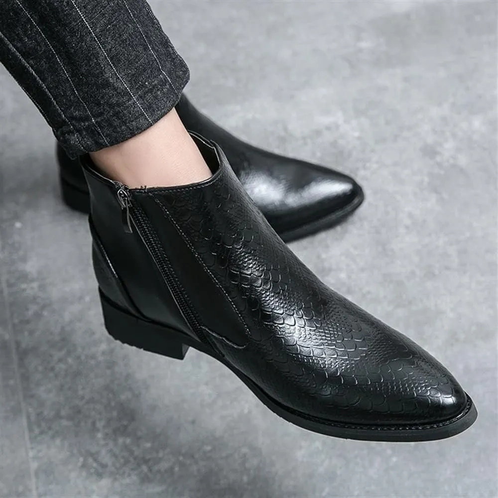New Ankle Boots For Men Round Toe Faux Crocodile Embossed PU Leather Anti-slip Slip On Waterproof Non Slip Work