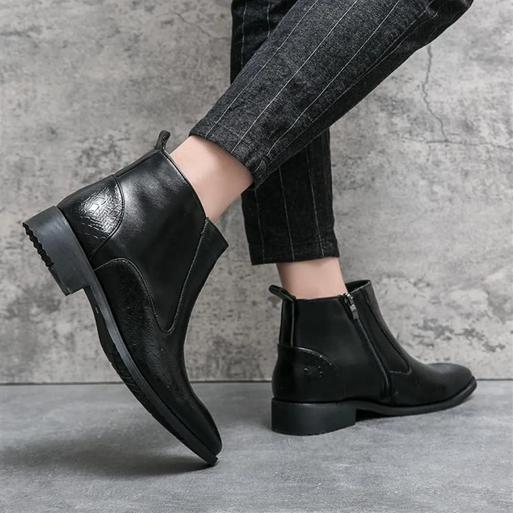 New Ankle Boots For Men Round Toe Faux Crocodile Embossed PU Leather Anti-slip Slip On Waterproof Non Slip Work