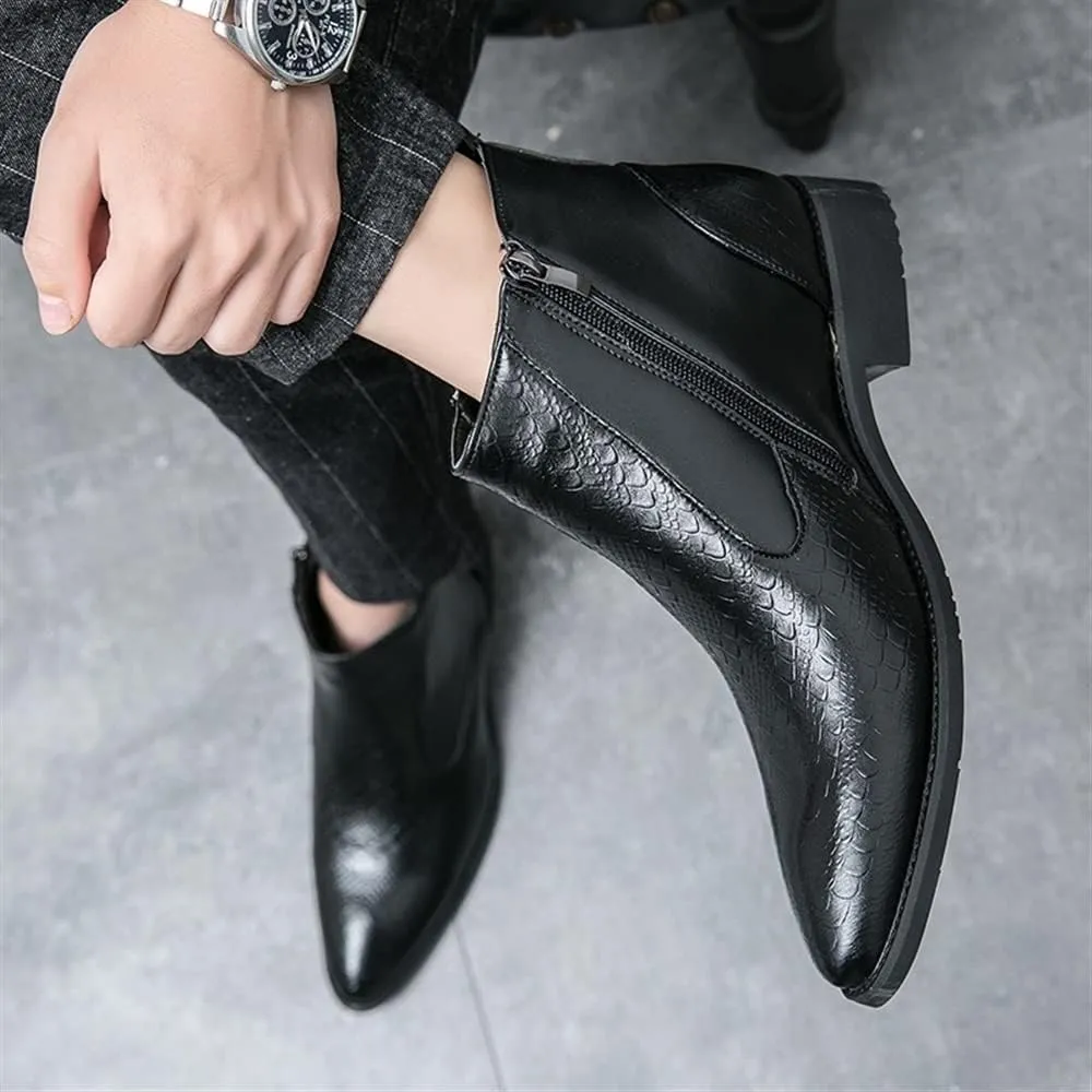 New Ankle Boots For Men Round Toe Faux Crocodile Embossed PU Leather Anti-slip Slip On Waterproof Non Slip Work